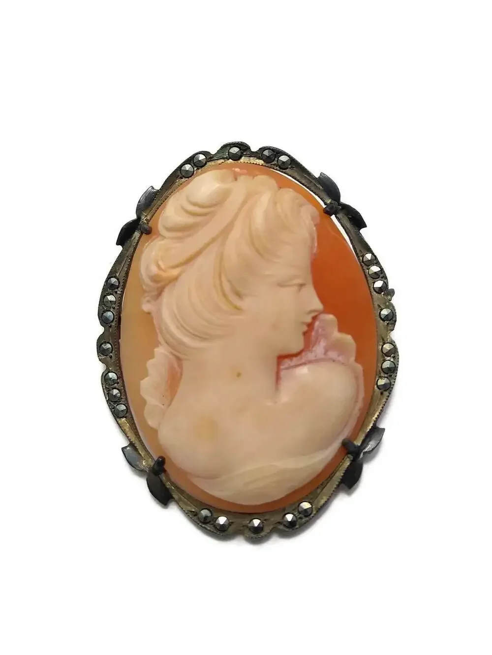 Antique Carved Shell Cameo Brooch Pendant, 800 Silver, Carved Shell. Marcasite.